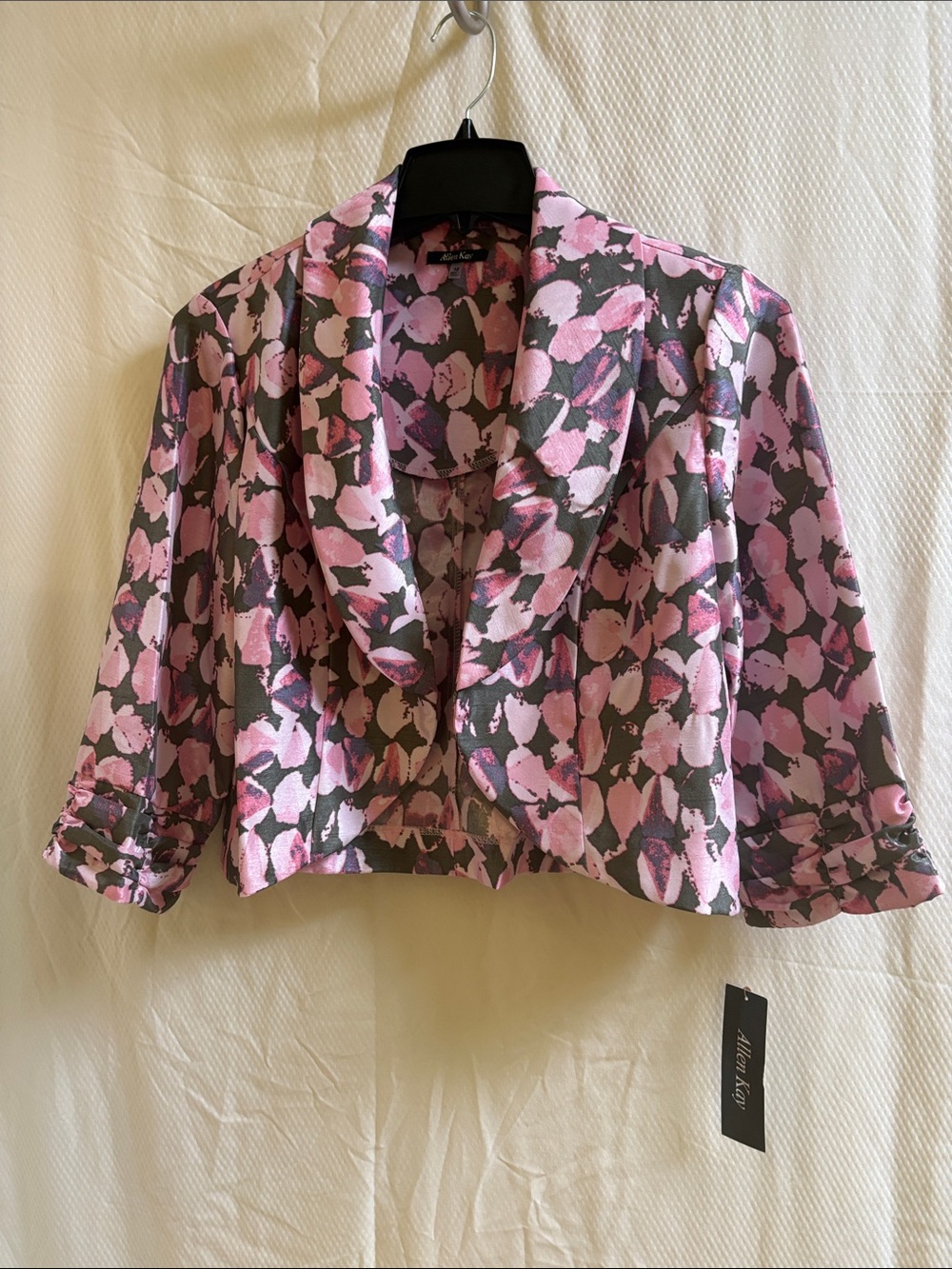 Allen Kay Pink & Gray Floral Cropped Blazer - Shawl Collar Size 12 NWT’s